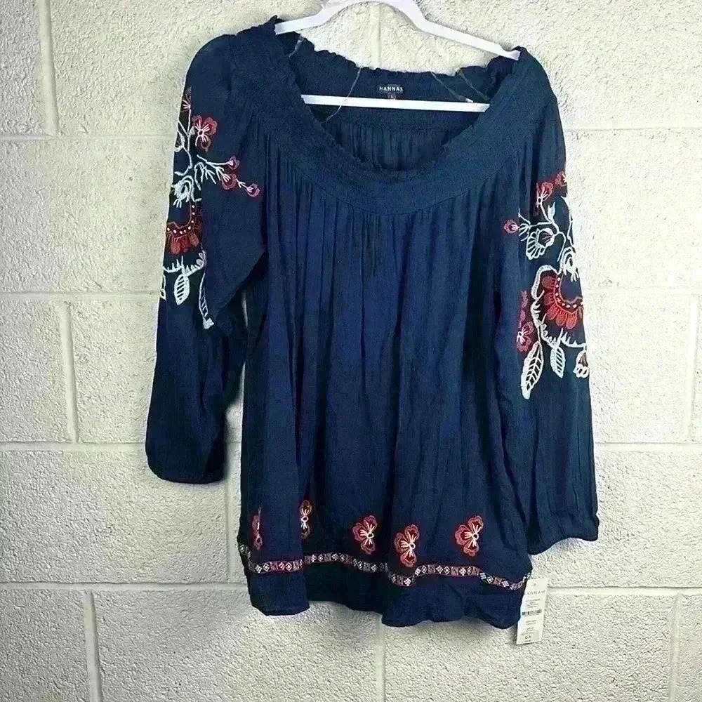 Hannah size large women’s blue peasant top with embroidery and 3/4 sleeve NWT